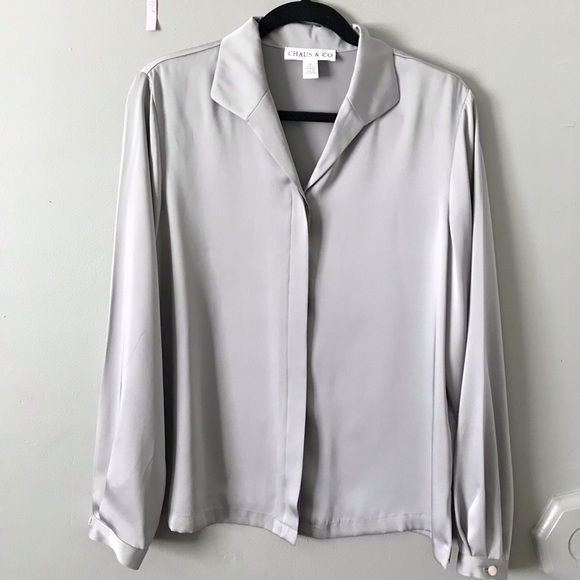 Vintage Top Button Long Sleeve Blouse Grey - Picture 5 of 5